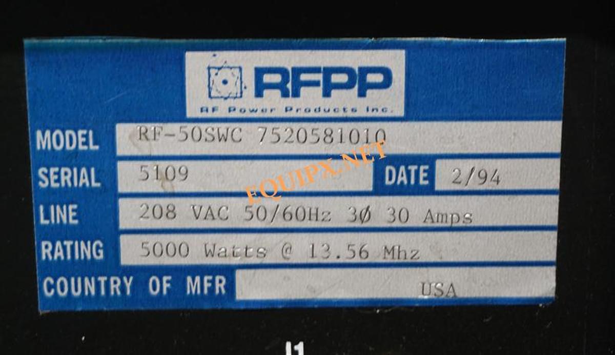 Used RF Power Products RF50-SWC 5KW @ 13.56mhz water cooled power supply
