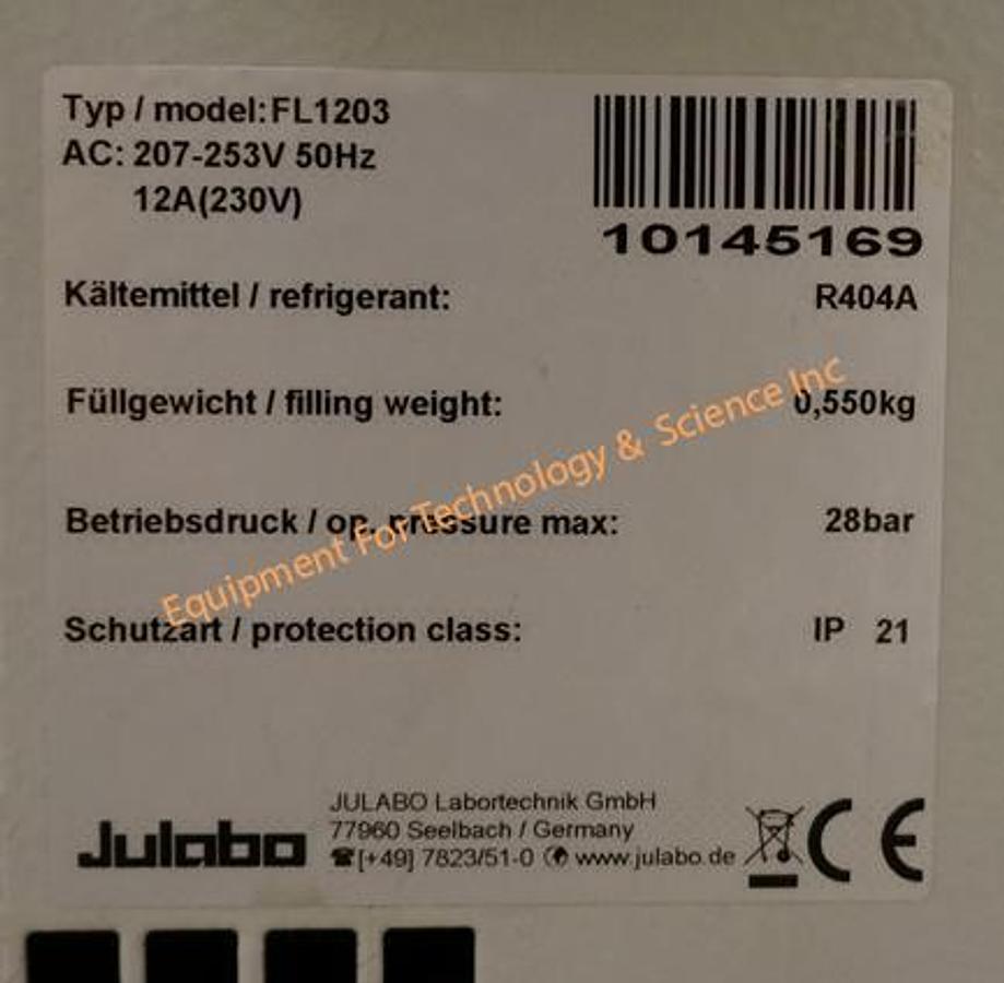 Used Julabo FL1203 recirculating chiller, 1200W @20C, -20C to +40C, 207-253v 50Hz
