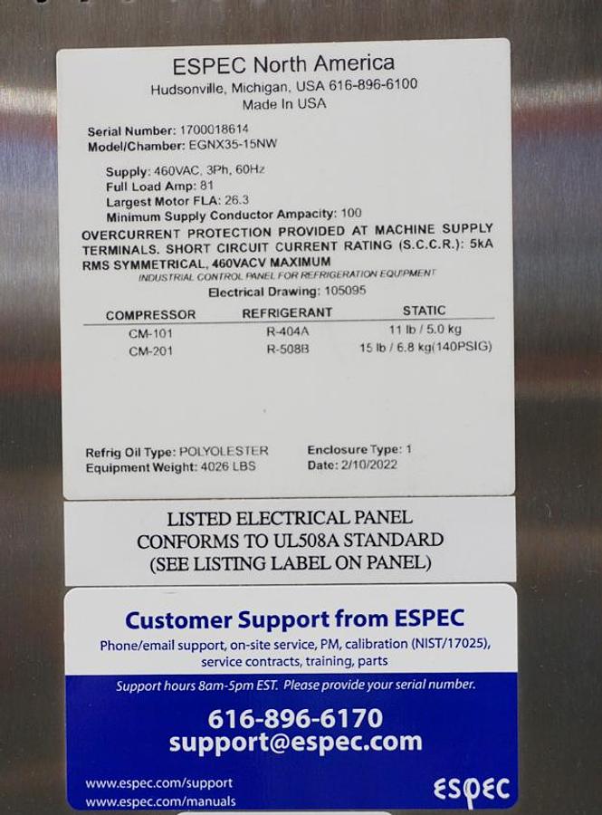 Refurbished 2022 Espec EGNX35-15NW  Temp Cycling/ Humidity Chamber, Cascade Refrigeration: Water cooled, -70C to +180C, 460V/3ph