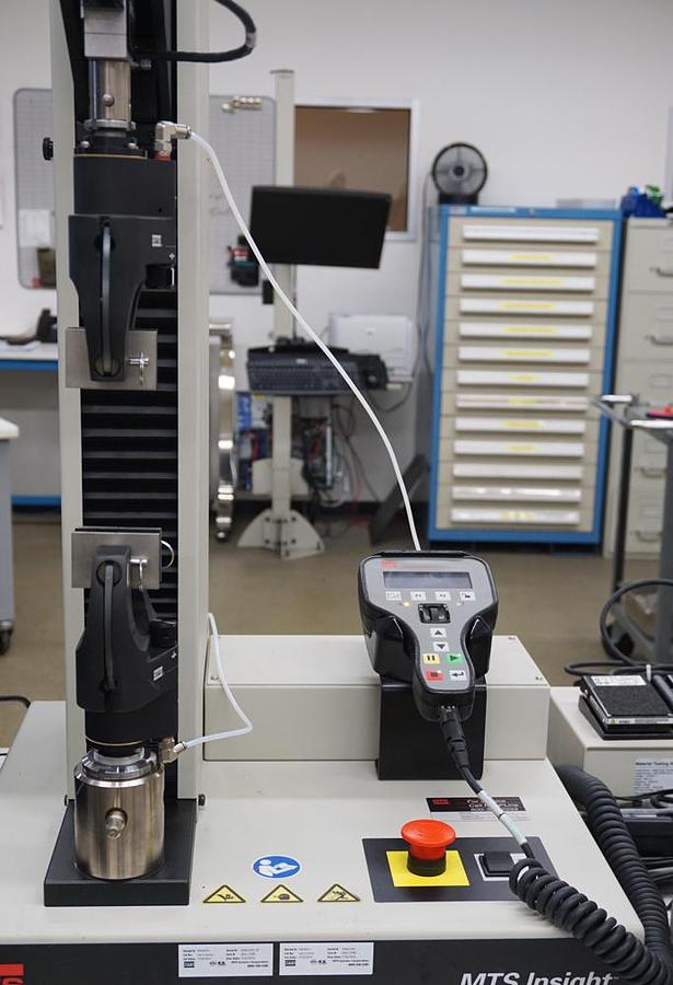 Used MTS Insight 1kN (225lbf) 1EL tensile and compression testing machine with Extended frame, 3 load cells, Pneumatic grips,  and Testworks 4 software