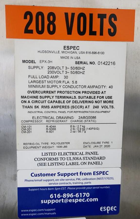 Used 2020 Espec EPX-3H Platinous Series Temp/Humidity Chamber, 14 cu ft, Air cooled Cascade Refrigeration, 208/230v, 3ph