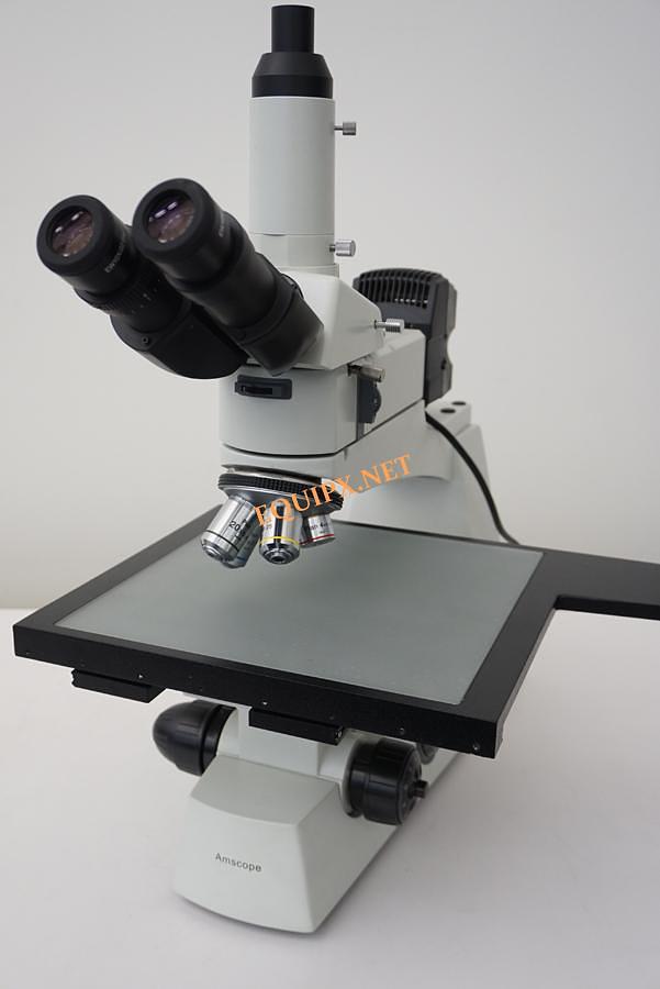 Used Amscope inspection microscope 8x8 XY stage, 5/10/20/40x brightfield objectives, and camera viewing port