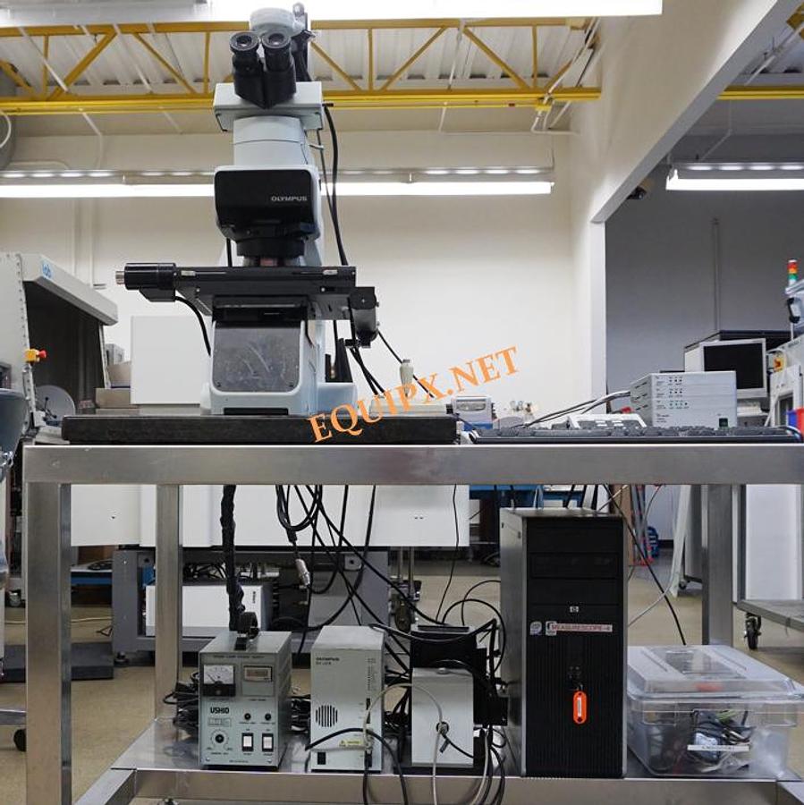 Used Olympus MX61A-F inspection microscope with brightfield, darkfield, 8x8 motorized XY stage, 248nm deep UV module, and laser autofocus