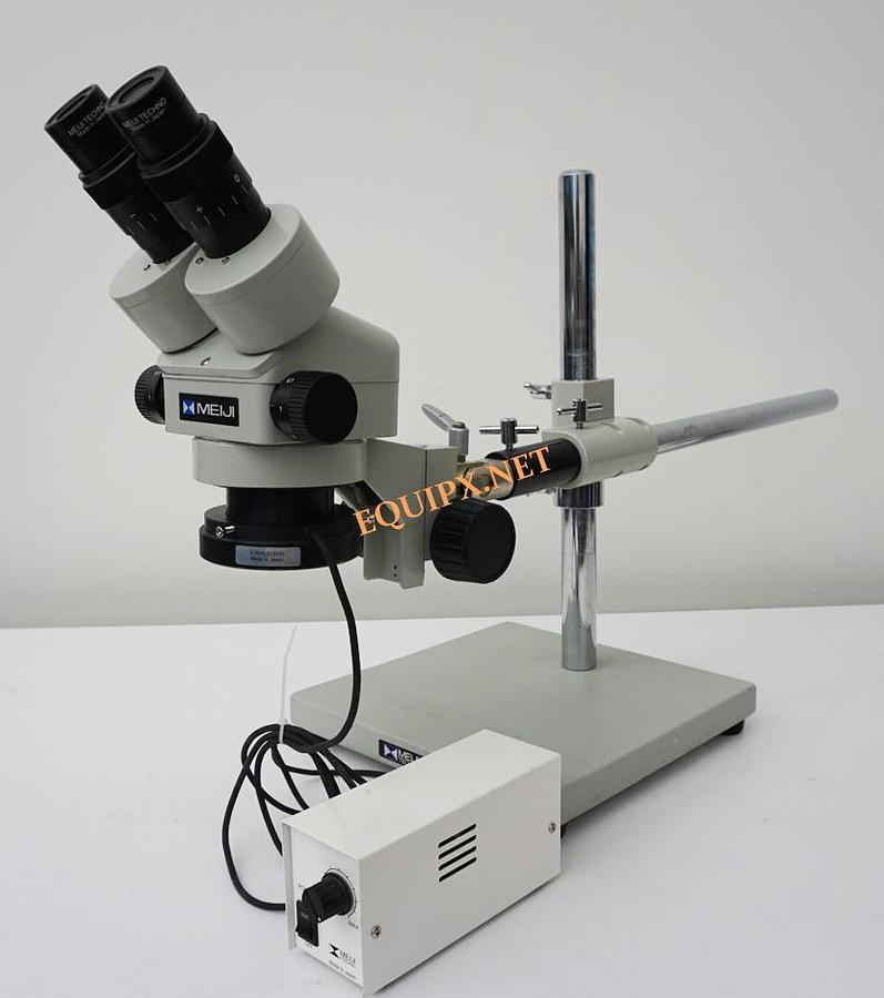 Used Meiji EMZ10 stereo microscope with 10x eyepieces, boom stand, and LED illuminator