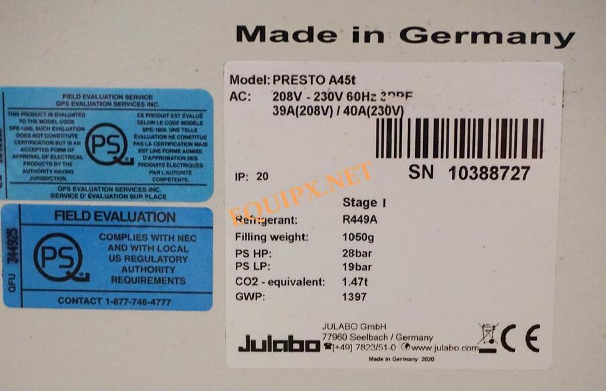 Used Julabo Presto A45T ultra low temp chiller with temp range of -45C to +250C