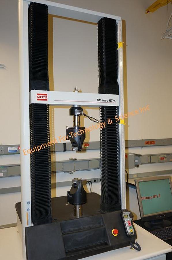 Used MTS Systems Corp Alliance RT/5  1120lbf (5KN) Testing Machine with 3 load cells, Testworks 4 software, and  2kN pneumatic grips