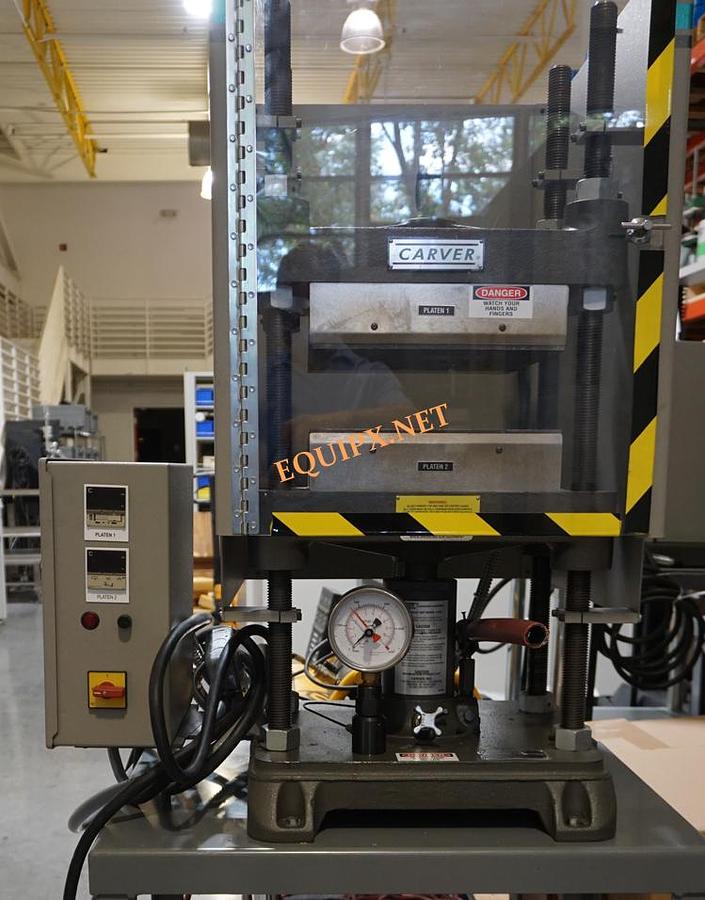 Used Carver 4122 manual 4 post heated press, 12 Ton capacity, 12x12 heated platens (max 650F) , floor stand, Hydraulics rebuilt