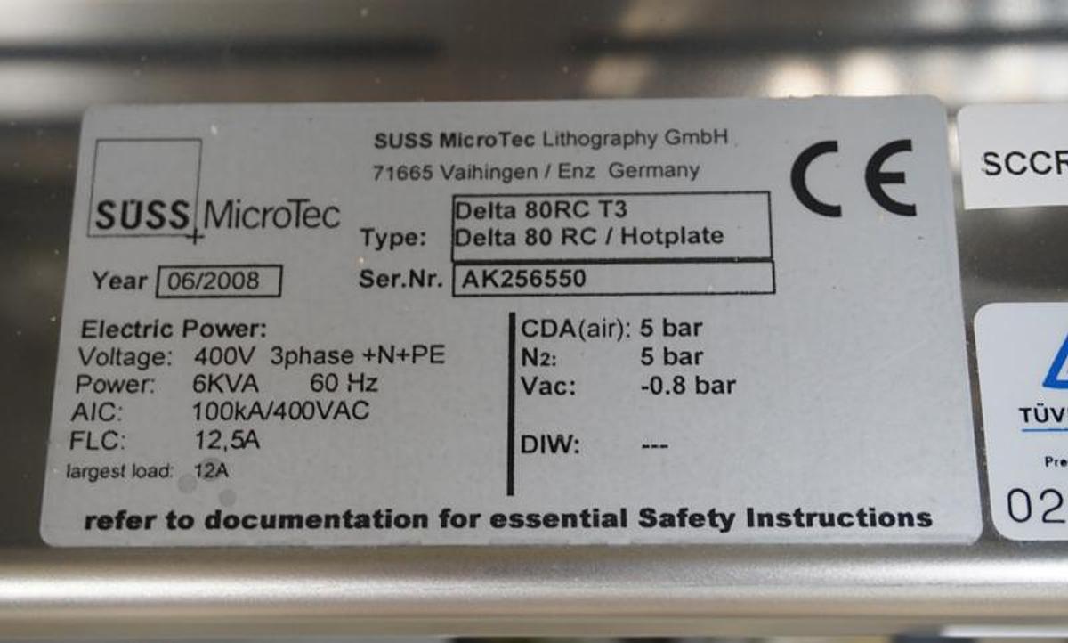 Preowned 2008 Suss Microtec Delta 80RC T3 HMDS Spin Coater with Hot plate and HMDS module