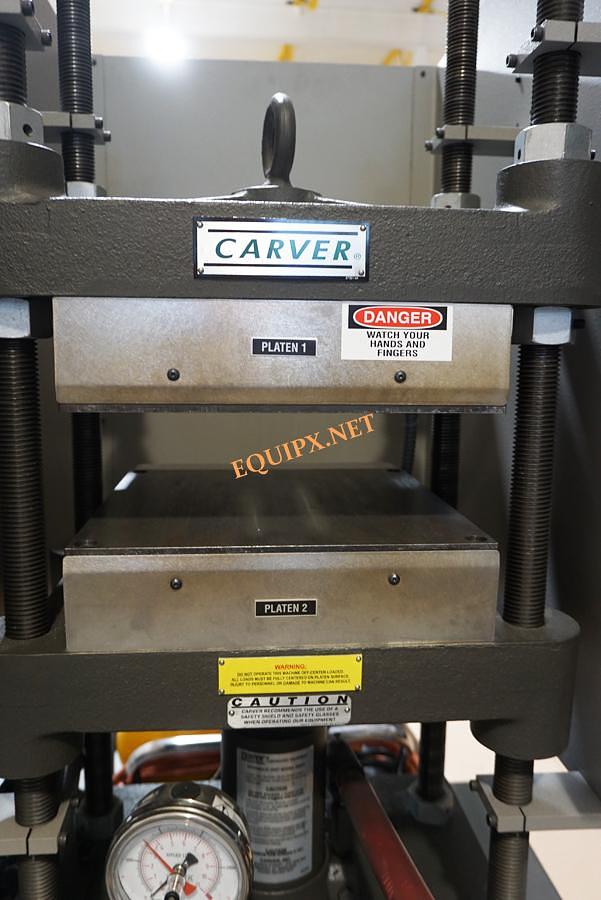 Used Carver 4122 manual 4 post heated press, 12 Ton capacity, 12x12 heated platens (max 650F) , floor stand, Hydraulics rebuilt