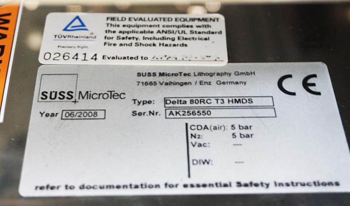 Preowned 2008 Suss Microtec Delta 80RC T3 HMDS Spin Coater with Hot plate and HMDS module