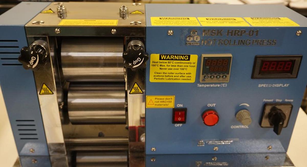 Used MTI MSK-HRP-01 4" Width variable speed hot rolling press for preparation of battery electrodes, Max Temp 100C