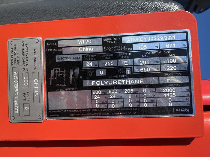 2021 LINDE MT20 ELECTRIC PALLET JACK