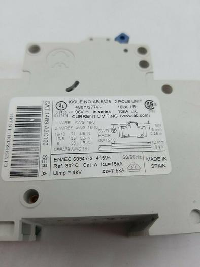 Used ALLEN BRADLEY 1489-A2C100 CIRCUIT BREAKER SER. A