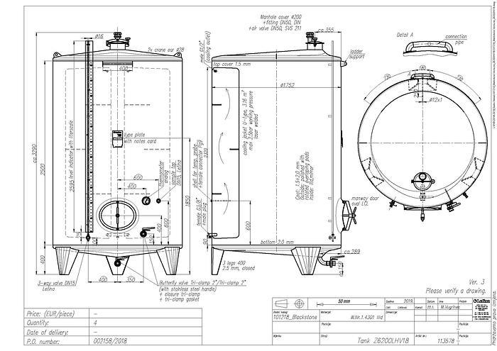 New Stock Letina 1635Gal/6200L Closed Top Jacketed Storage Tank