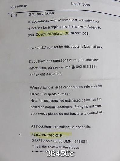 Unused GL&V Vortex 30 Agitator Shaft, 55-030MNC030-G1K, SZ30 OMNI, Unused #36450