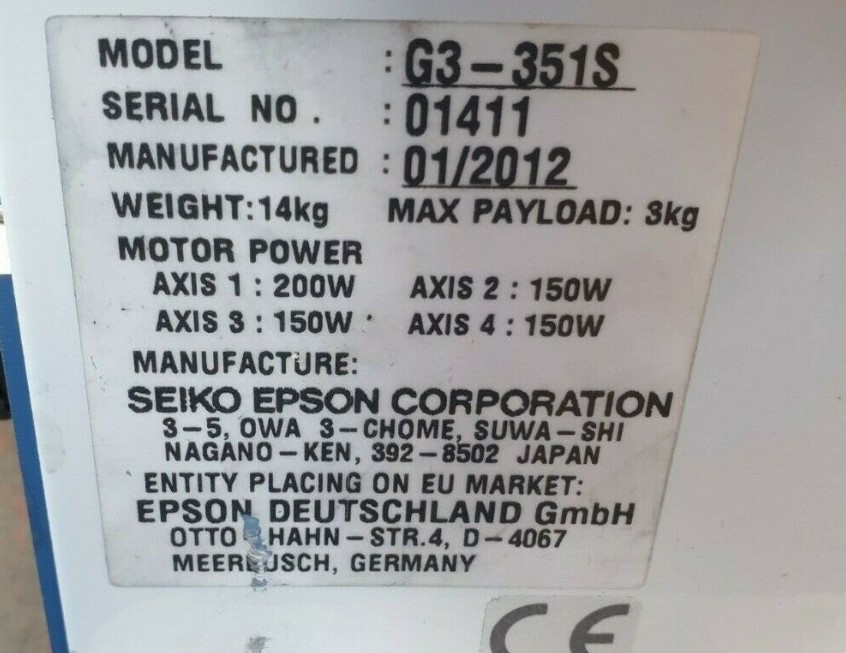 Used Epson SCARA G3-351S UL ROBOT (RBD7.1)