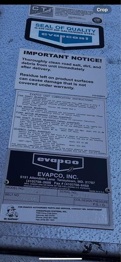 Used Evapco AT-212-3L28 Induced Draft Cooling Tower – Model 2019, Galvanized Steel