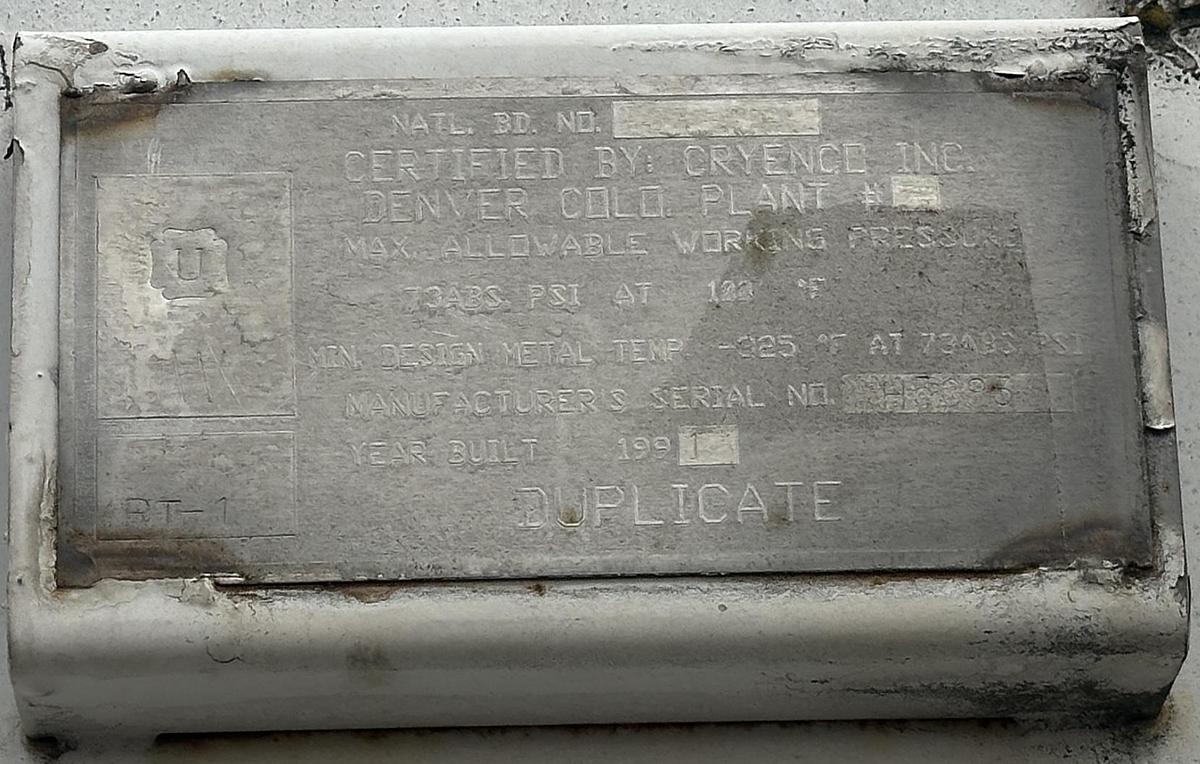 Used Cryenco 5000 Gallon Liquid Oxygen LOX Cryogenic Storage Tank 2000 PSI 1992 with Great Lakes Refrigeration System