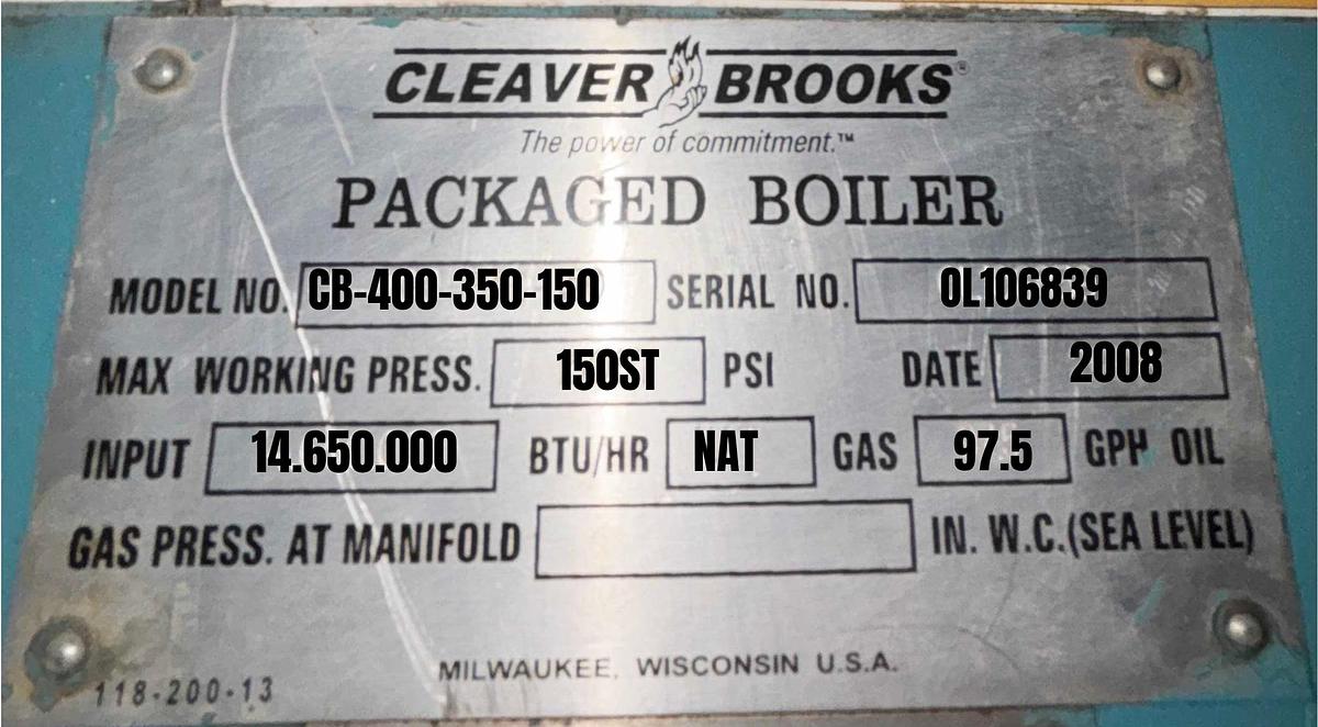 Used Cleaver Brooks 350 HP High Pressure Steam Boiler – CB-400-350-150 (2008)