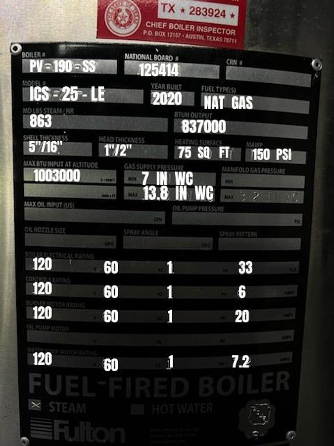 Used Fulton 25 HP 150 PSI Vertical Fire-Tube Boiler - PV-190-SS (2020)