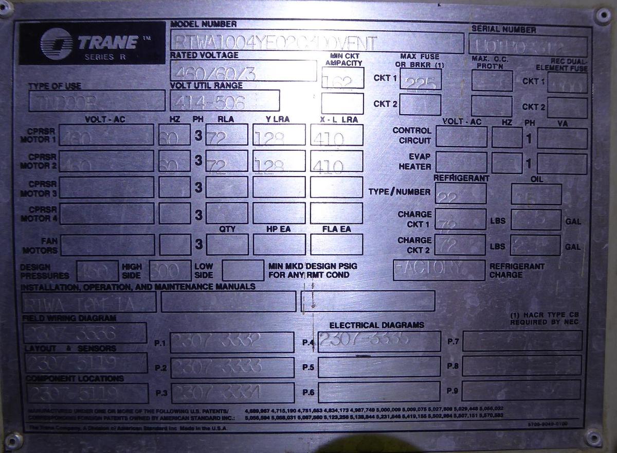 Used Trane Series R Water-Cooled Chiller 100 Tons – RTWA100 (2011)