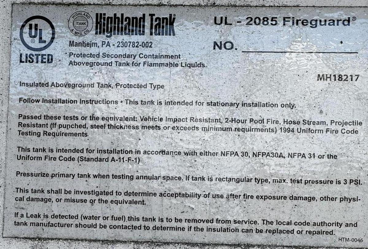 Used Highland Tank UL-2085 Fireguard 8,000 Gallon Double-Wall Aboveground Storage Tank - Thermally Insulated (Serial# 30144)