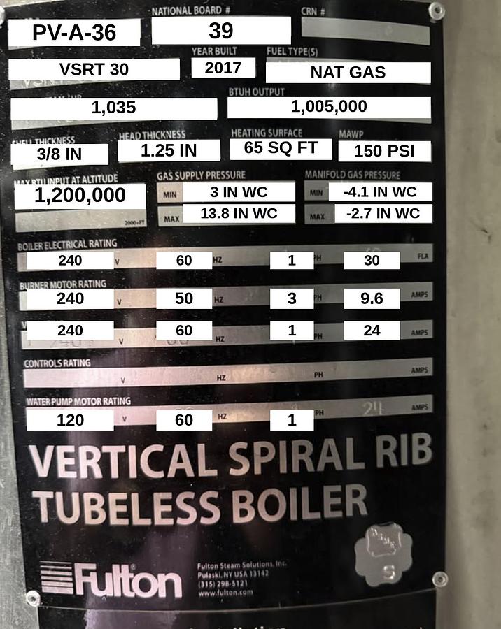 Used Fulton 30HP 150PSI Steam Boiler VSRT 30 2017