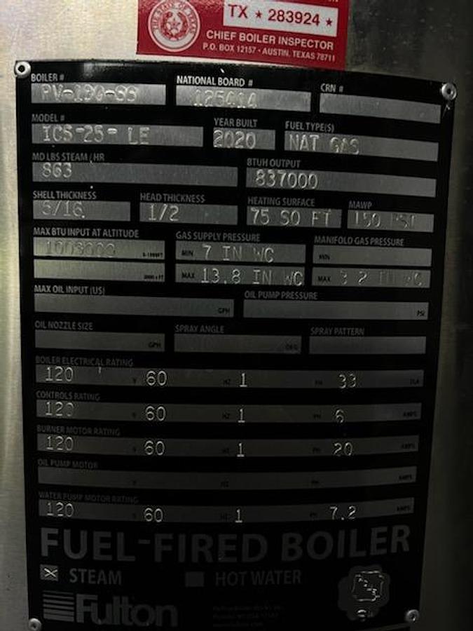 Used Fulton 25 HP 150 PSI Vertical Fire-Tube Boiler - PV-190-SS (2020)