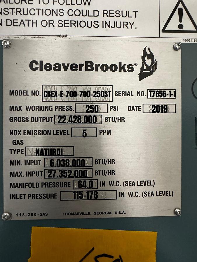 Used Cleaver Brooks CBEX-E-700-700-250ST Steam Boiler 700 HP 250 PSI Natural Gas 2019