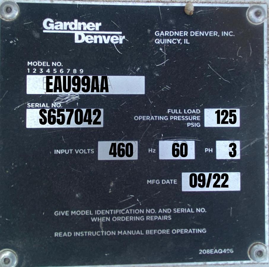 Used Gardner Denver EAU99AA 250 HP 125 PSI Electra-Saver Rotary Screw Air Compressor SN S657042 2022