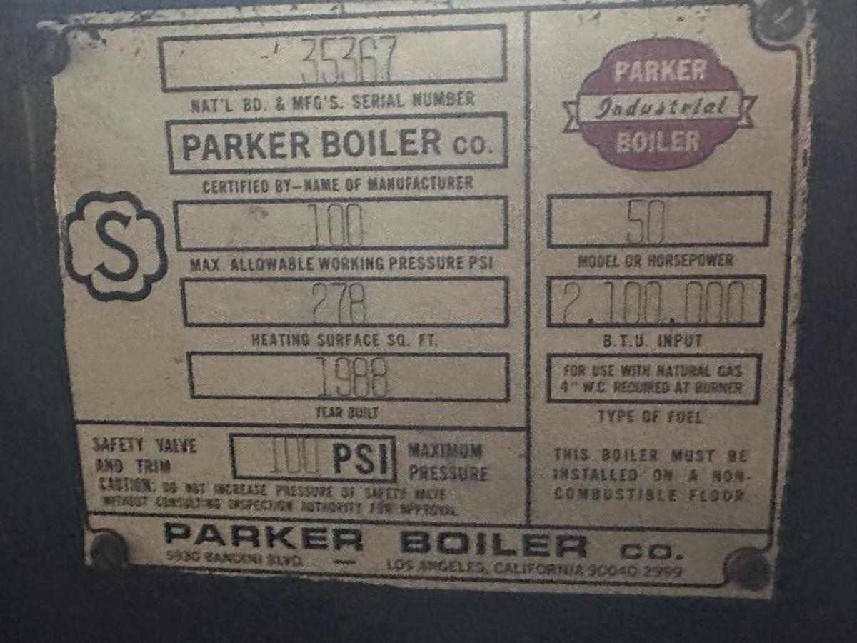 Used 50 HP Parker Industrial Steam Boiler – 1988 Model 100 PSI