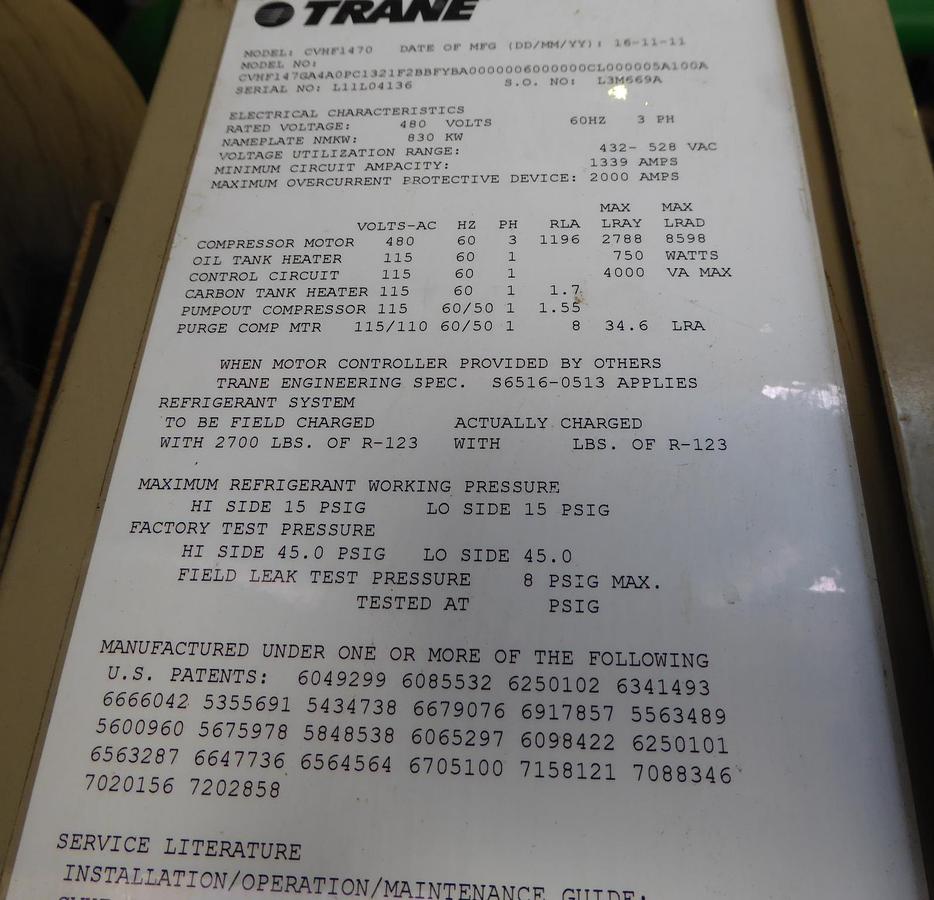 Used Trane CenTraVac Water Chiller 1450 Tons – CVHF1470