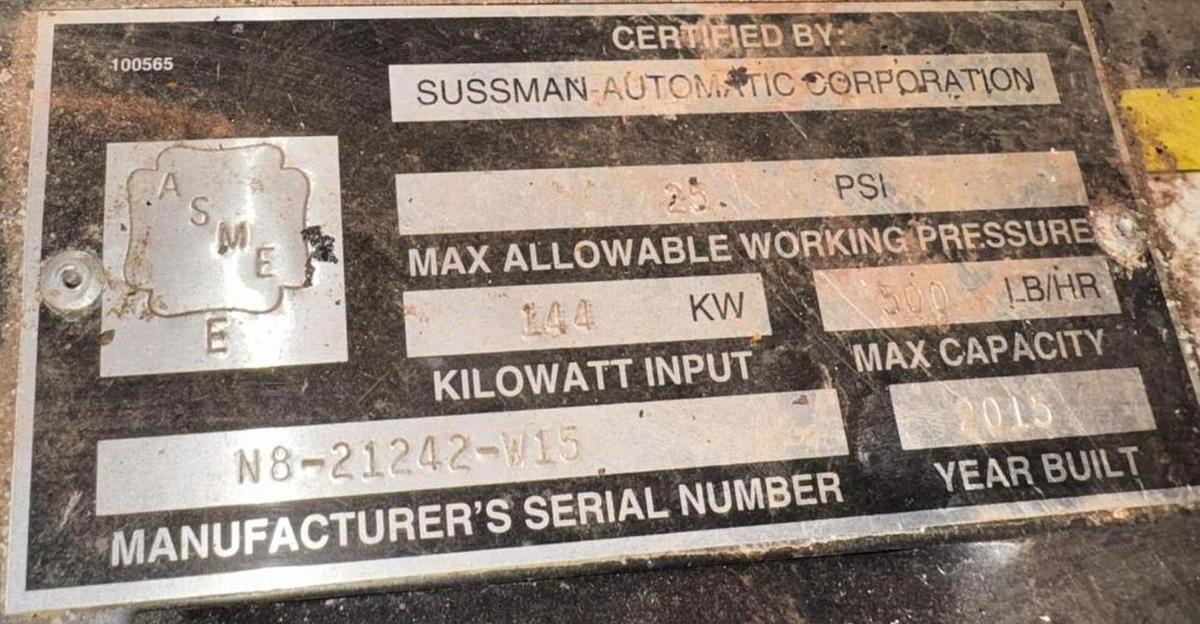 Used Sussman SSB135 Electric Steam Boiler - 144 kW, 480V 3-Phase, 500 lb/hr, ASME, Stainless Steel (2015)