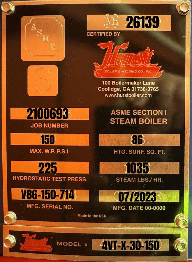 Used Hurst 4VT-X-30-150 Vertical Tubeless Steam Boiler 30 HP 150 PSI 1035 lbs/hr 2023