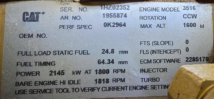 Used Caterpillar 3516 Diesel 2000 KW Standby Generator Set
