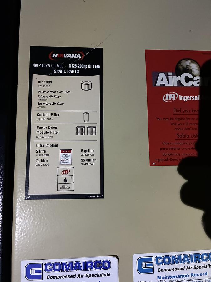 Used Ingersoll Rand NIRVANA IRN125H-OF Oil-Free Rotary Screw Air Compressor