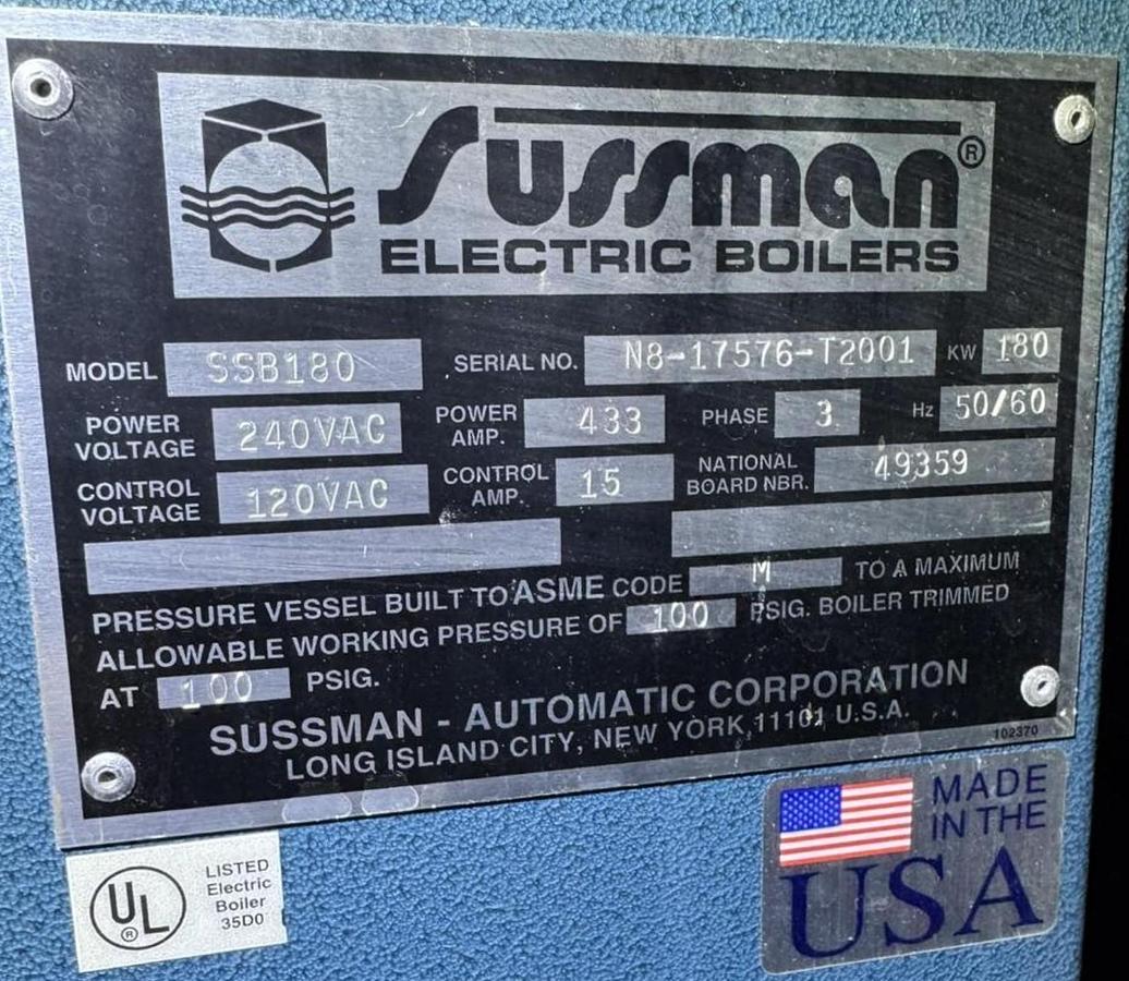 Used Sussman SSB180 Electric Steam Boiler - 180 kW, 240V 3-Phase, ASME, National Board (Serial# N8-17576-T2001)