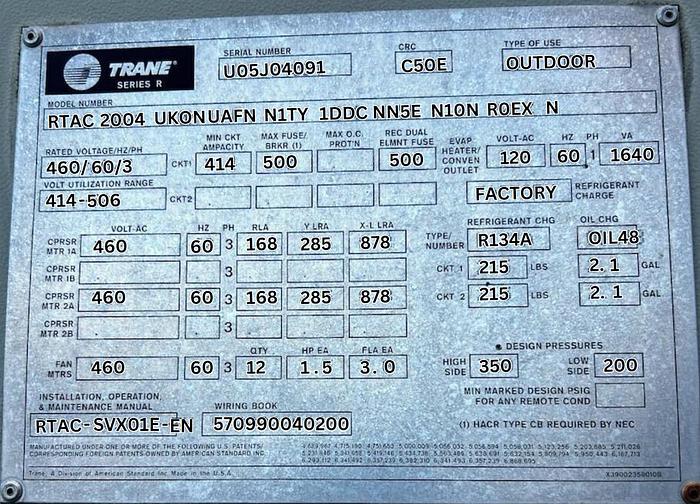Used 200 Ton Trane Series R RTAC 2004 Air Cooled Chiller