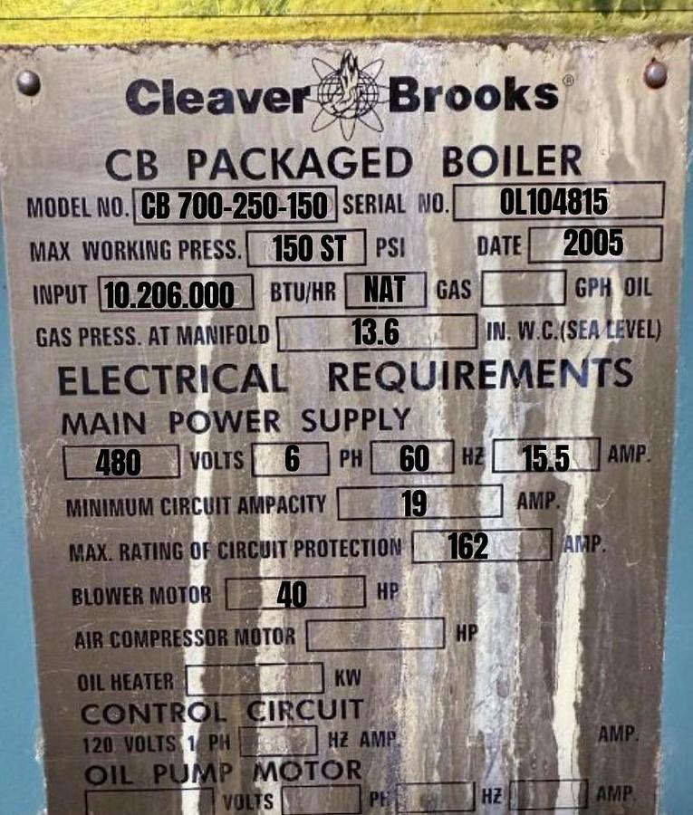Used Cleaver Brooks 250 HP High Pressure Steam Boiler – CB 700-250-150 (2005)