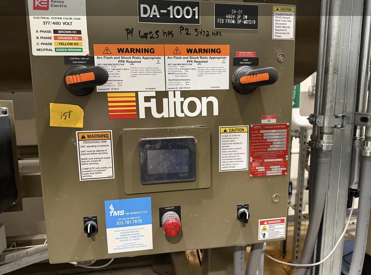 Used Fulton Deaerator Tank System DA 1001 — Shipco Pumps Skid Model 005DA ISTP — Triplex 20 HP Pump Set — Schneider Electric Controls