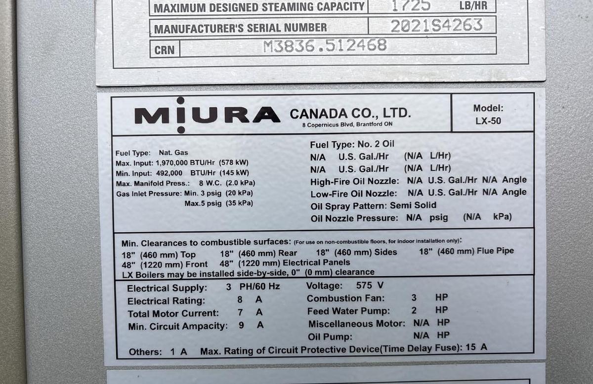 Used Miura 1,725 lb/hr High-Pressure Steam Boiler – 2022 EX-200-SGO