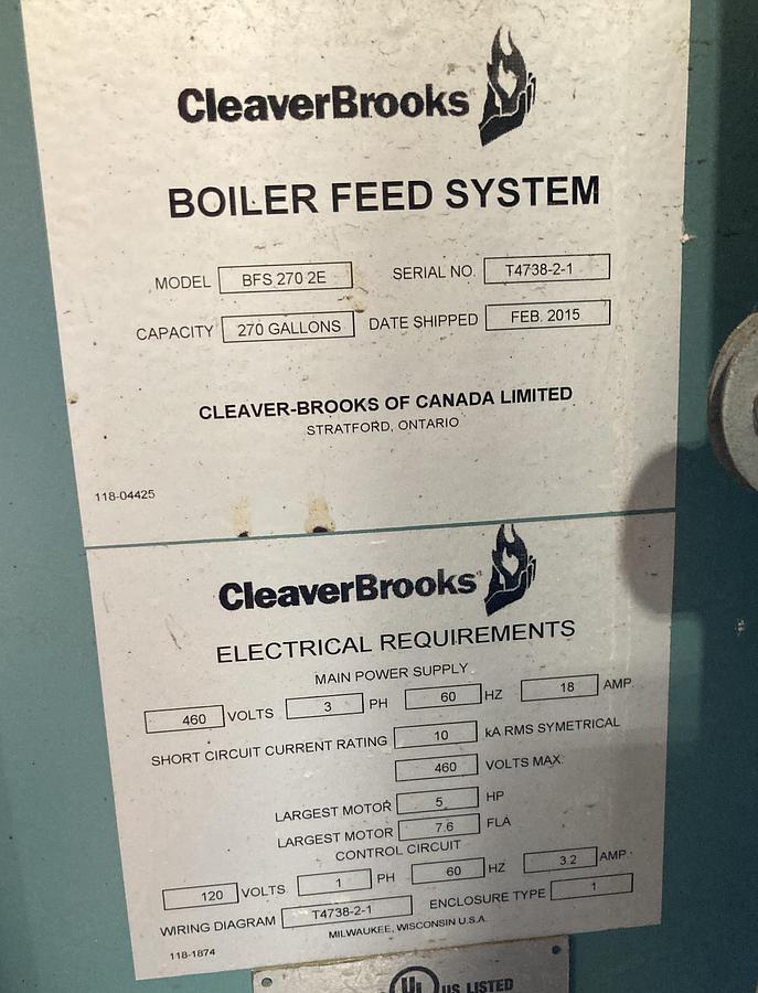 Used Cleaver-Brooks 100 HP 300 PSI Steam Boiler System + Feedwater Tank (2015)