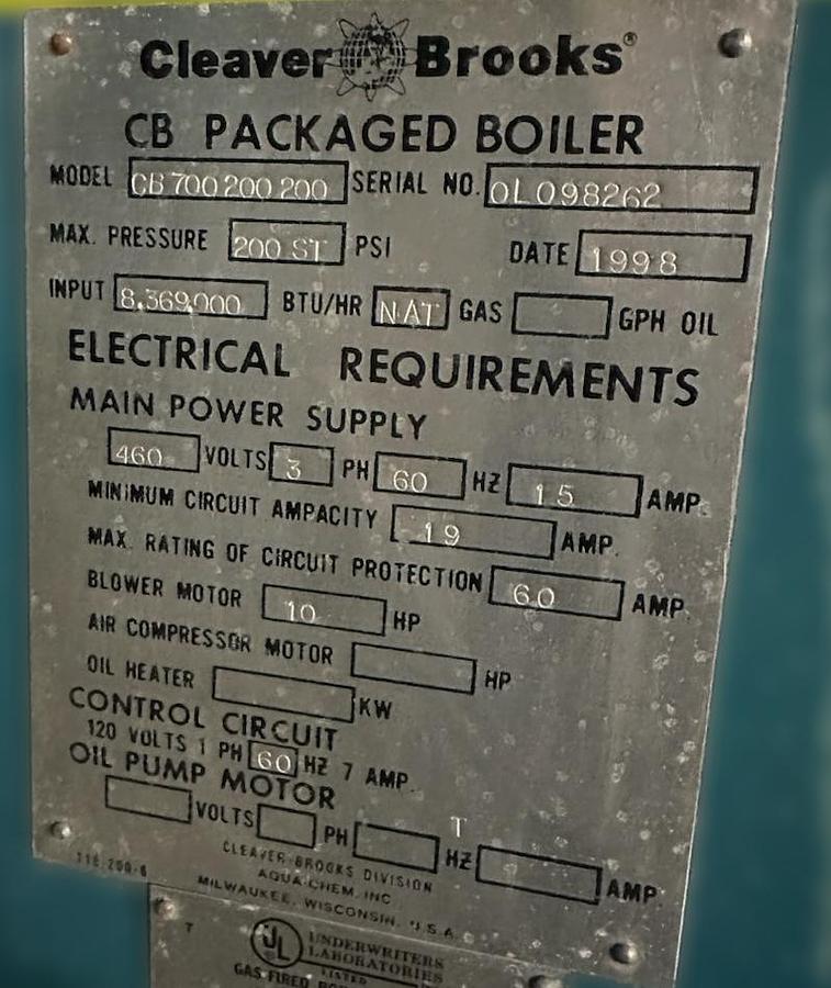 Used 200 HP Cleaver Brooks CB Packaged Steam Boiler – 1998 CB700-200-200