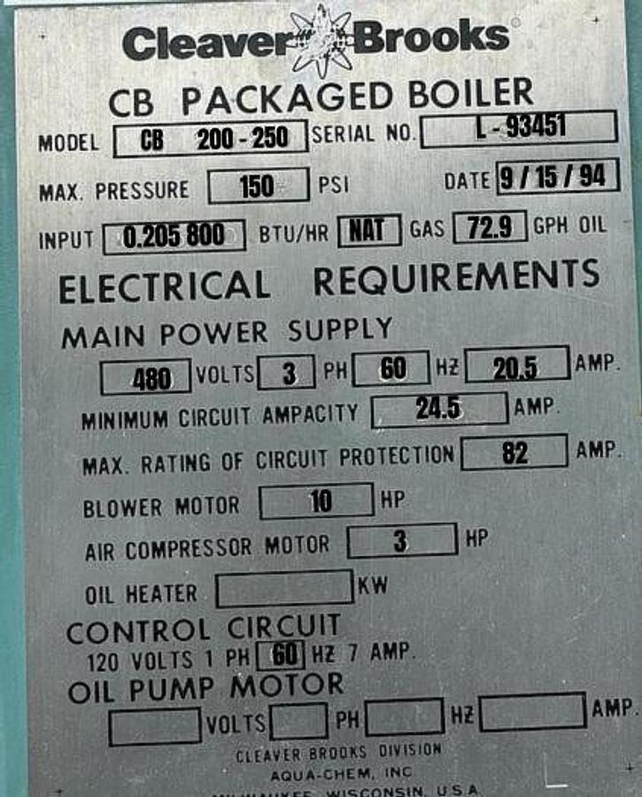 Used 250 HP Cleaver Brooks 150 PSI Steam Boiler – 1994 CB 200-250