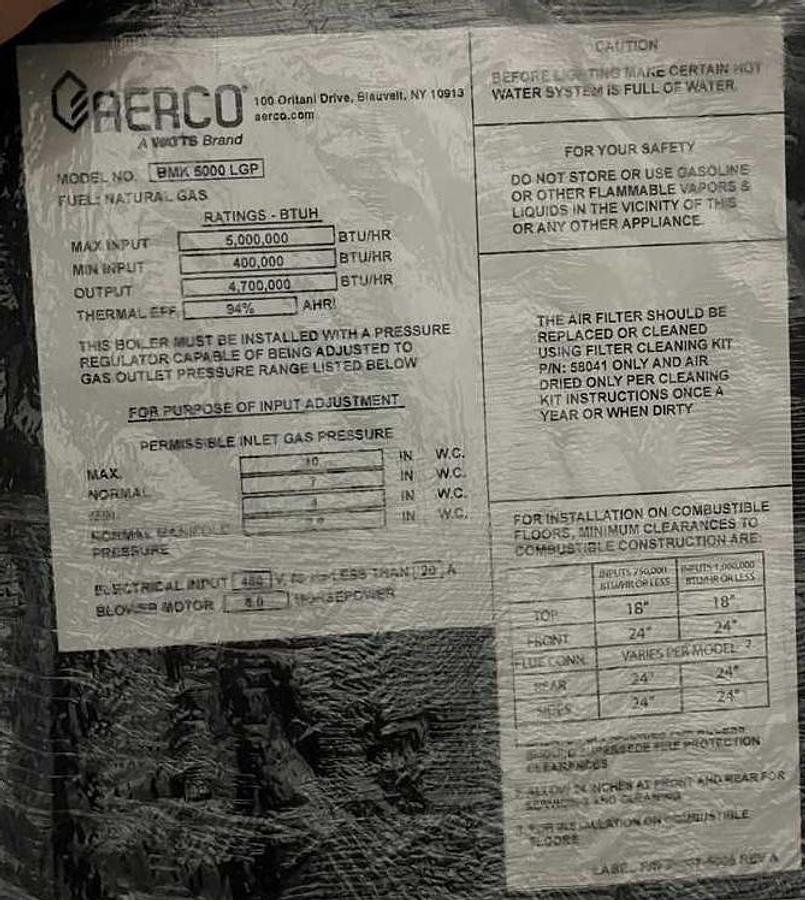 Used Aerco BMK-5000 LGP 5 Million BTU Gas Boiler 5000 MBH 140HP High Efficiency Condensing Natural Gas