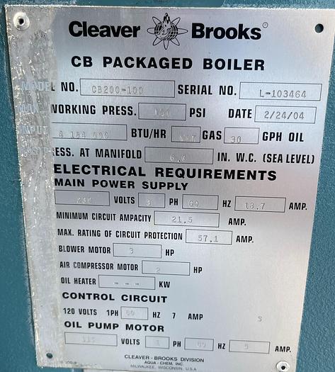 Cleaver Brooks 100 HP 150 PSI Steam boiler