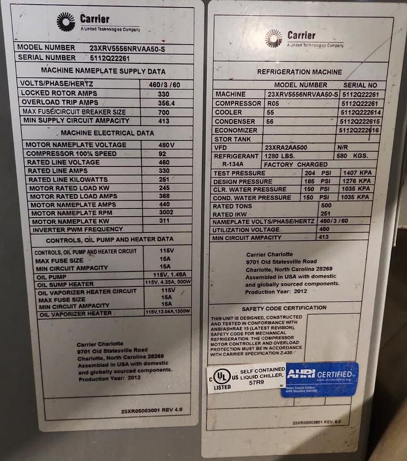 Used Carrier 23XRV5556NRAA50-S 500 Ton Water-Cooled Chiller – 2012, R-134a, High Efficiency