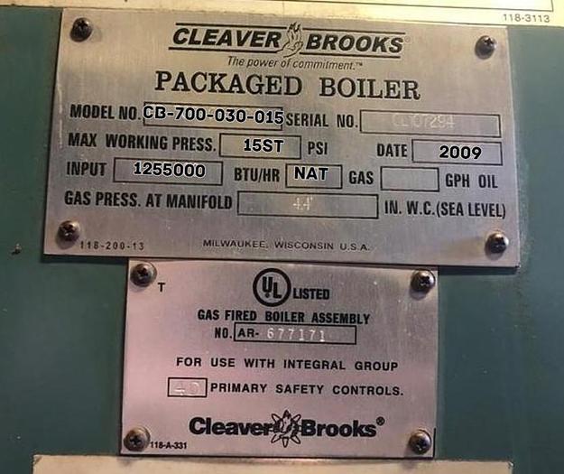 Used 30 HP Cleaver Brooks 15 PSI Steam Boiler 2009 Model CB 700-030-015