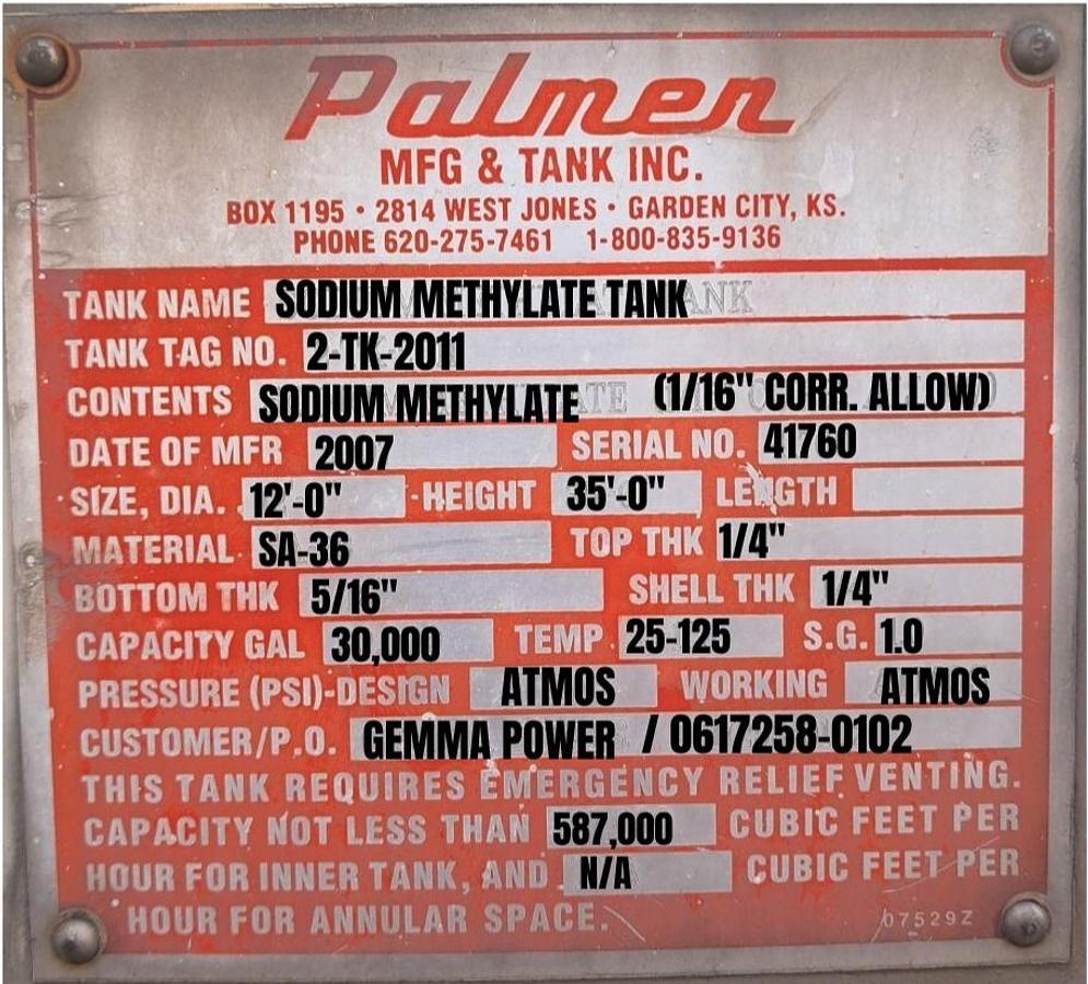 Used Palmer 30,000 Gallon Carbon Steel Sodium Methylate Storage Tank – Model 2-TK-2011 (2007)