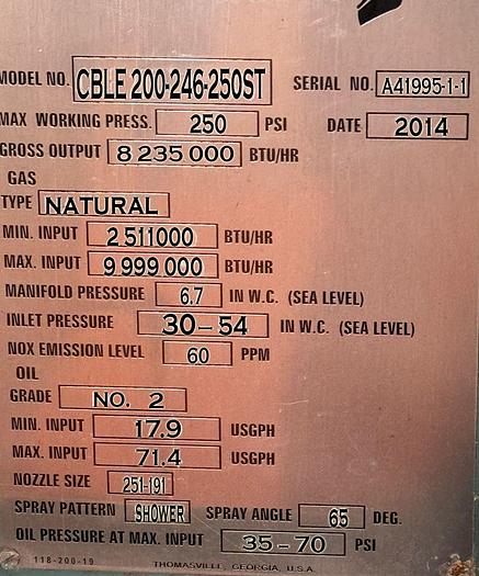 Used 246 HP Cleaver Brooks 250 PSI Steam Boiler 2014 Model CBLE 200-246-250ST Mobile